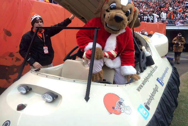 Cleveland Browns mascot Chomps flies in Neoteric Hovercraft Golf Cart